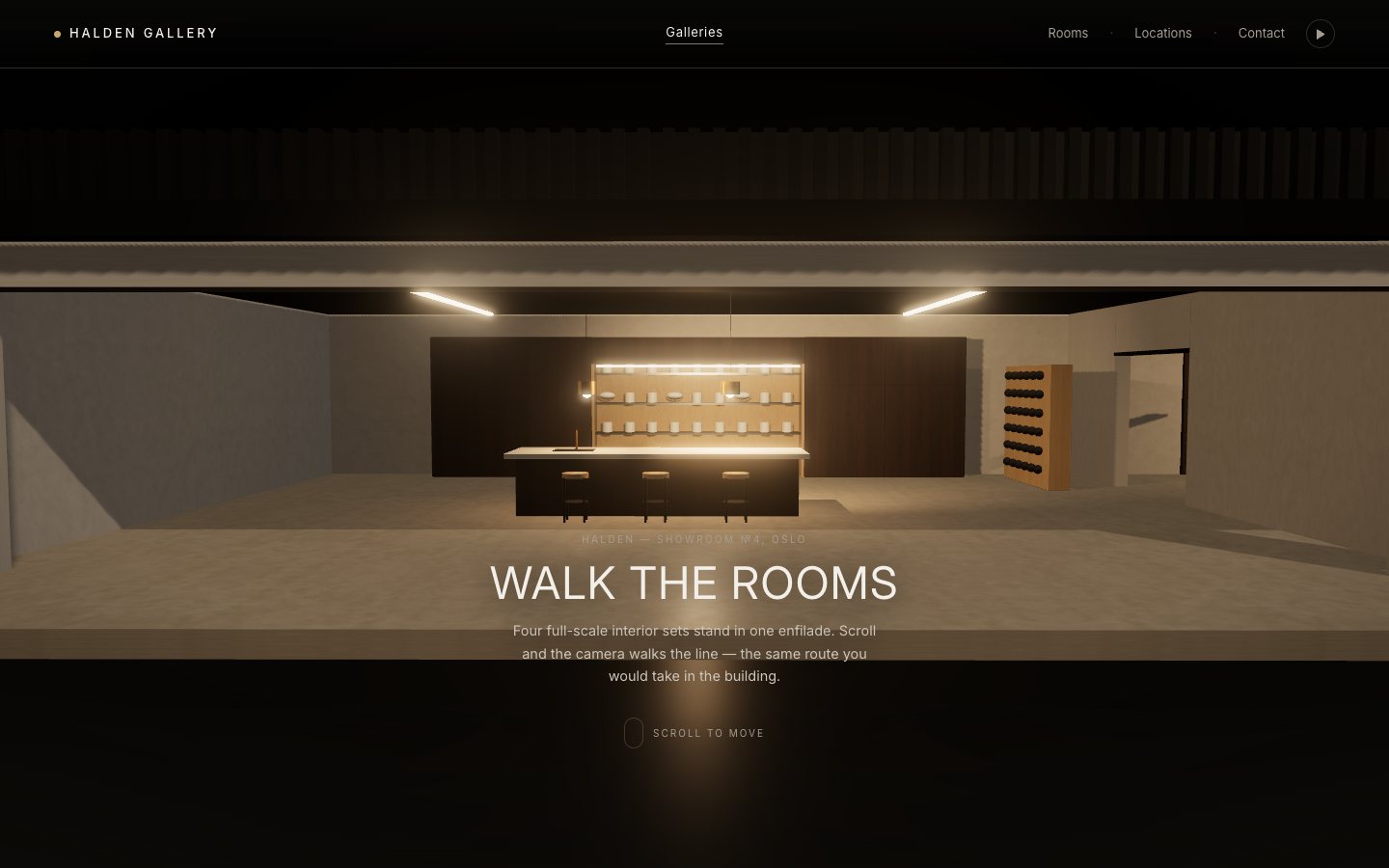 Halden Gallery demo — a 3D interior showroom rendered in WebGL