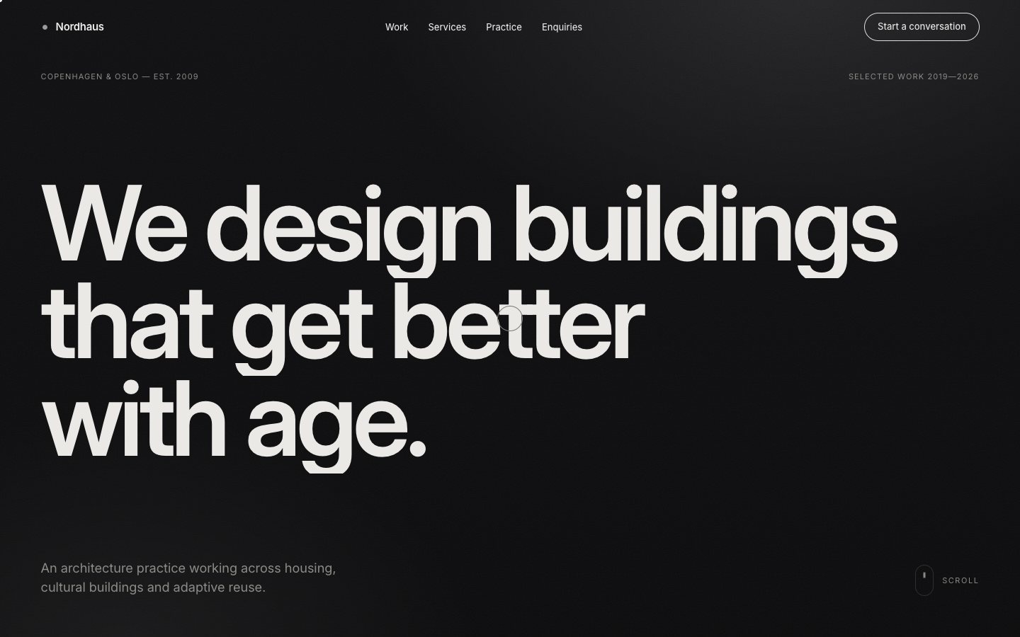 Nordhaus demo — a dark scroll-driven landing page for an architecture practice