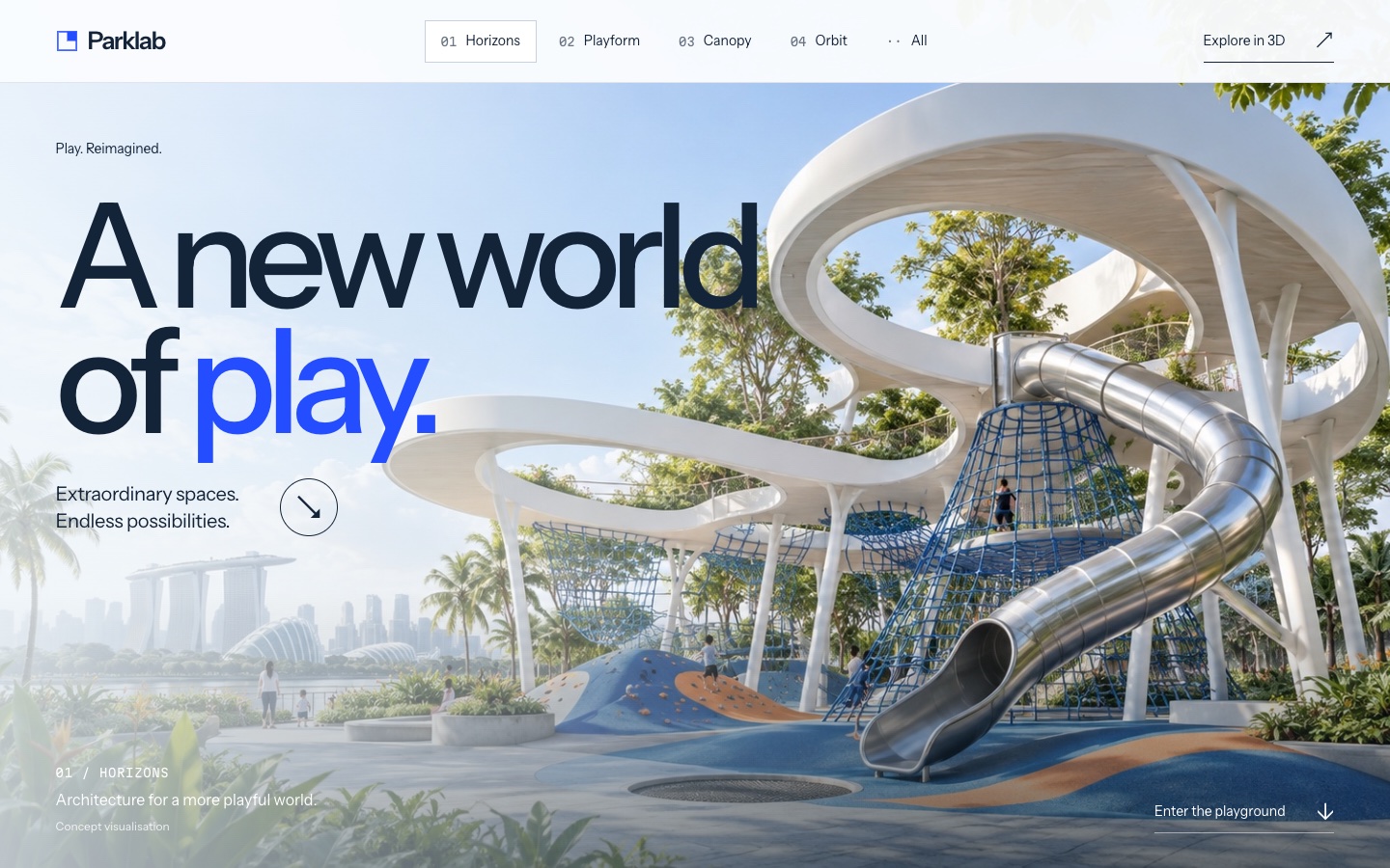 Parklab demo — design directions for a playground builder with an interactive 3D model